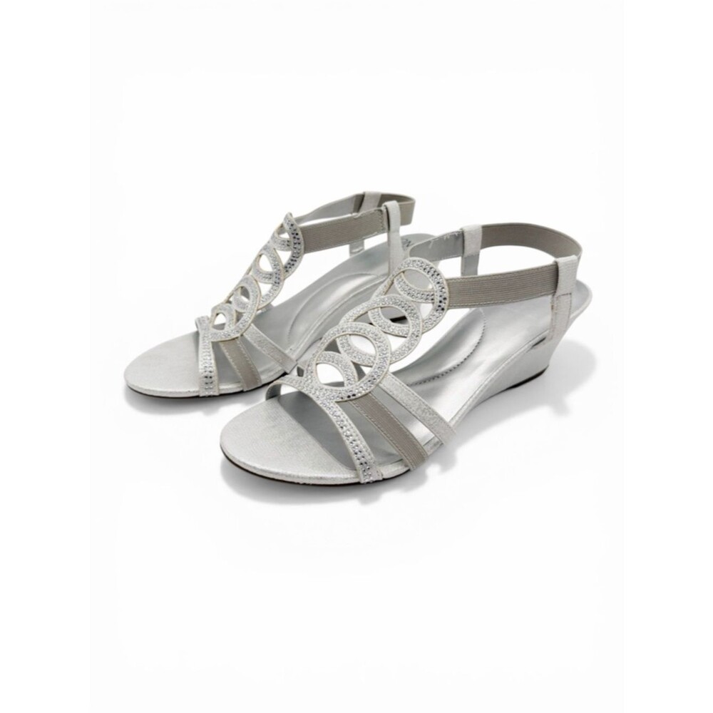 Jones New York Denice Strappy Bling Wedge Sandals Elastic Ankle Silver 9.5 NEW
